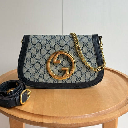 GUCCI BLONDIE SHOULDER BAG GOLD HARDWARE BLUE 28CM