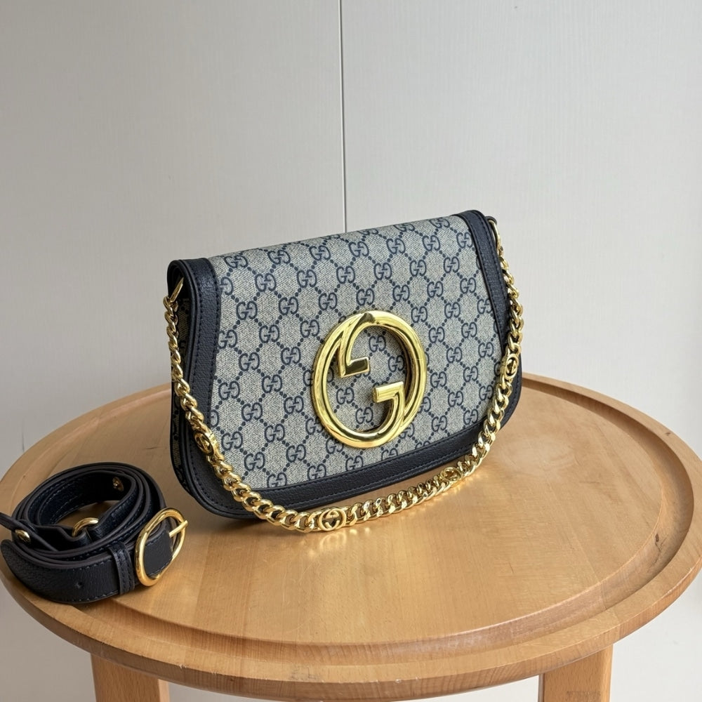 GUCCI BLONDIE SHOULDER BAG GOLD HARDWARE BLUE 28CM