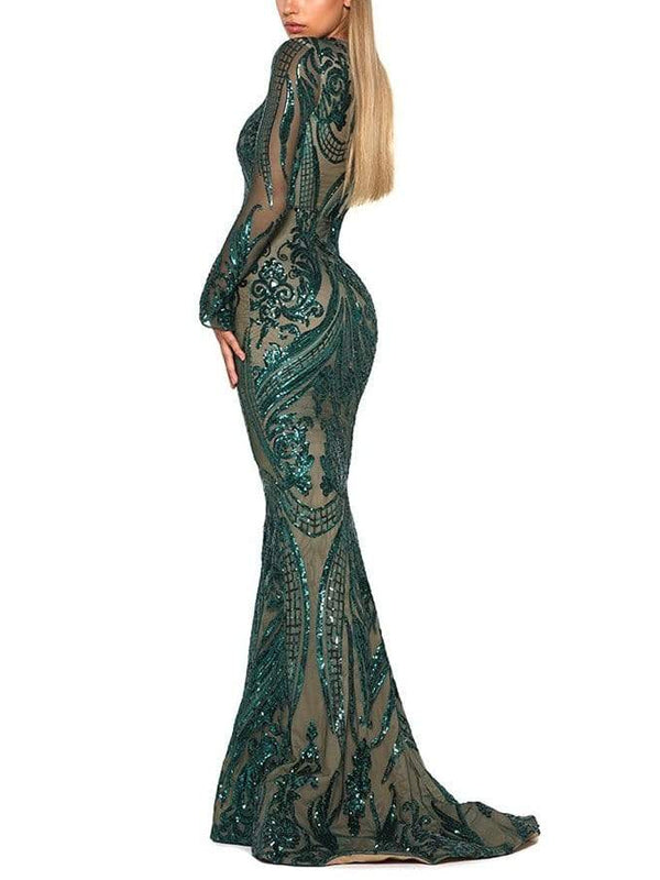 Long Sleeve Sequin Pattern Gown with Overskirt