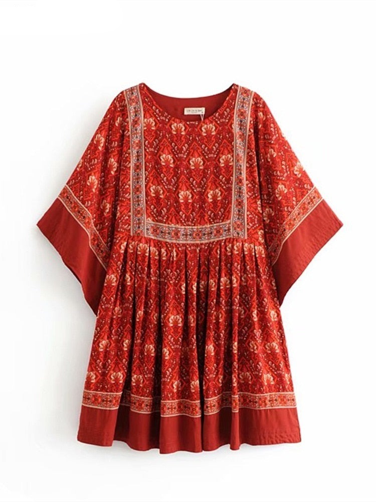 loveedsTM- Vintage Chic Fashion Women Red Floral Print O-neck Loose Bohemian Mini Dresses Ladies Batwing Sleeve Cotton Beach Boho Dress