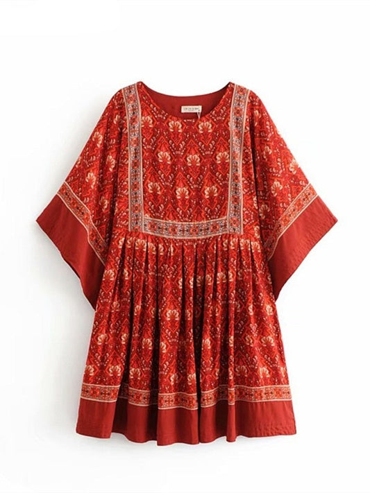 loveedsTM- Vintage Chic Fashion Women Red Floral Print O-neck Loose Bohemian Mini Dresses Ladies Batwing Sleeve Cotton Beach Boho Dress
