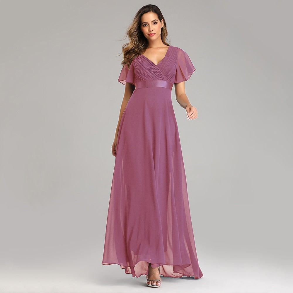 loveedsTM- Evening Dresses Elegant V-Neck Ruffles Chiffon Formal Evening Gown  Robe Vestidos De fiesta Dress for Wedding Party