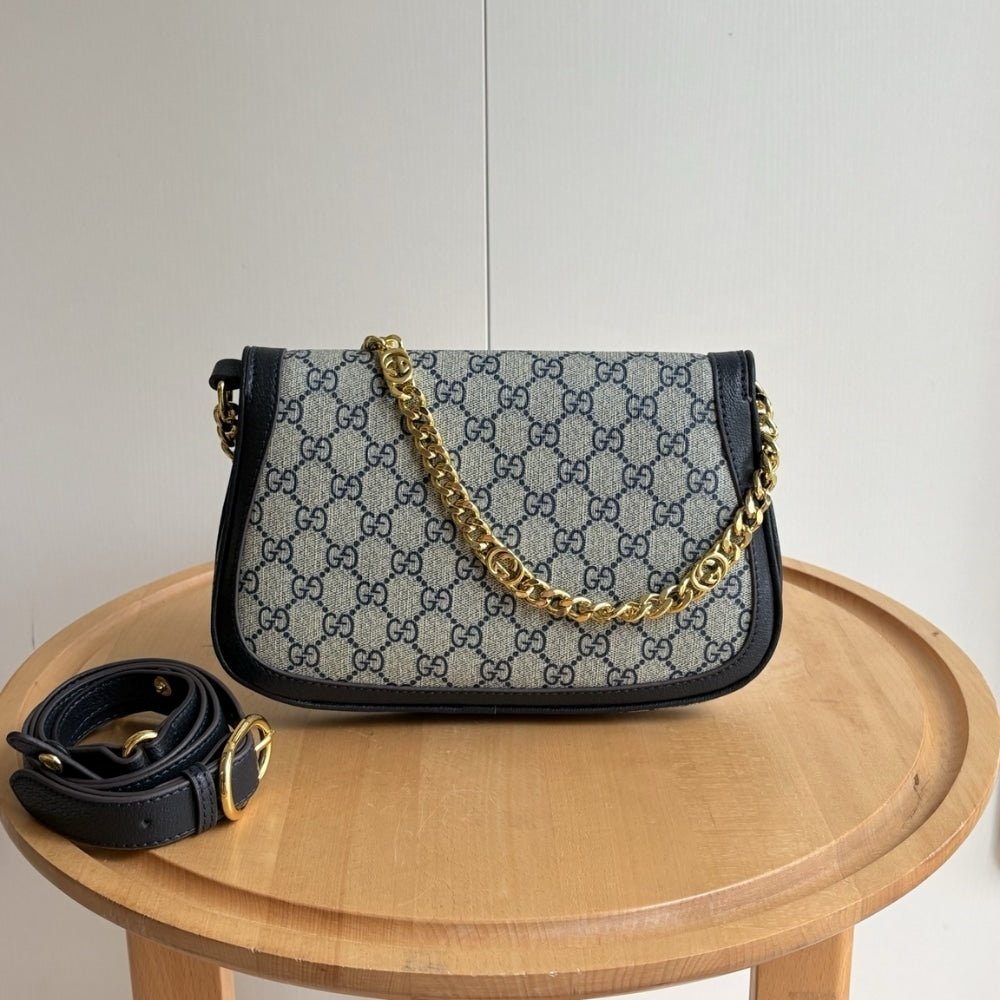 GUCCI BLONDIE SHOULDER BAG GOLD HARDWARE BLUE 28CM