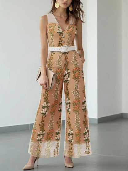 Morden Regular Fit Floral Embroidery Jumpsuit With Belt
