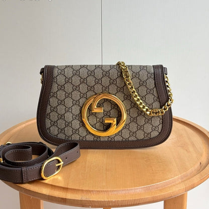 GUCCI BLONDIE SHOULDER BAG BEIGE AND EBONY GG SUPREME CANVAS 28CM ‎699268 K9GSG 8358