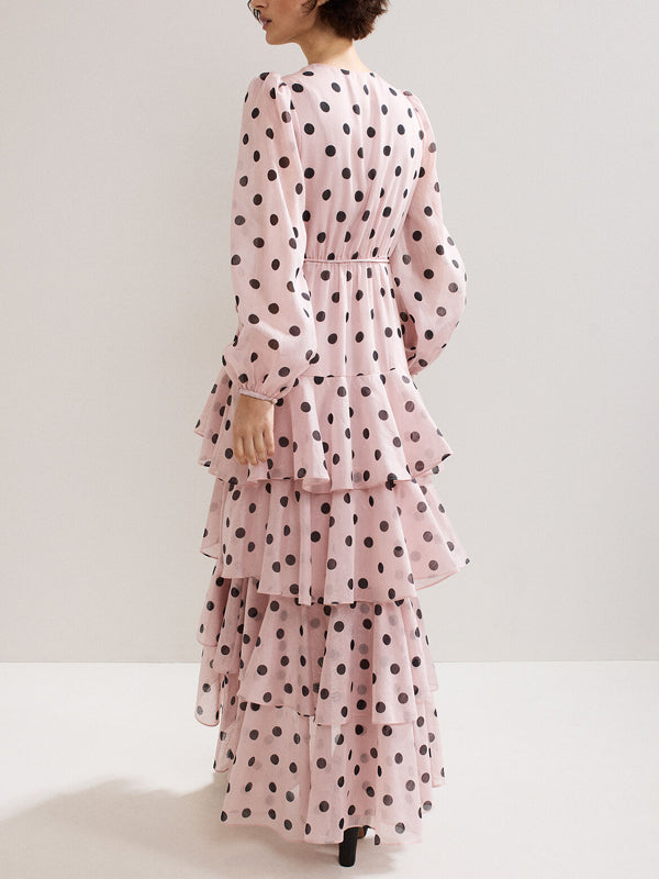 Tie-up Layered Chiffon Polka Dots Women's Dress