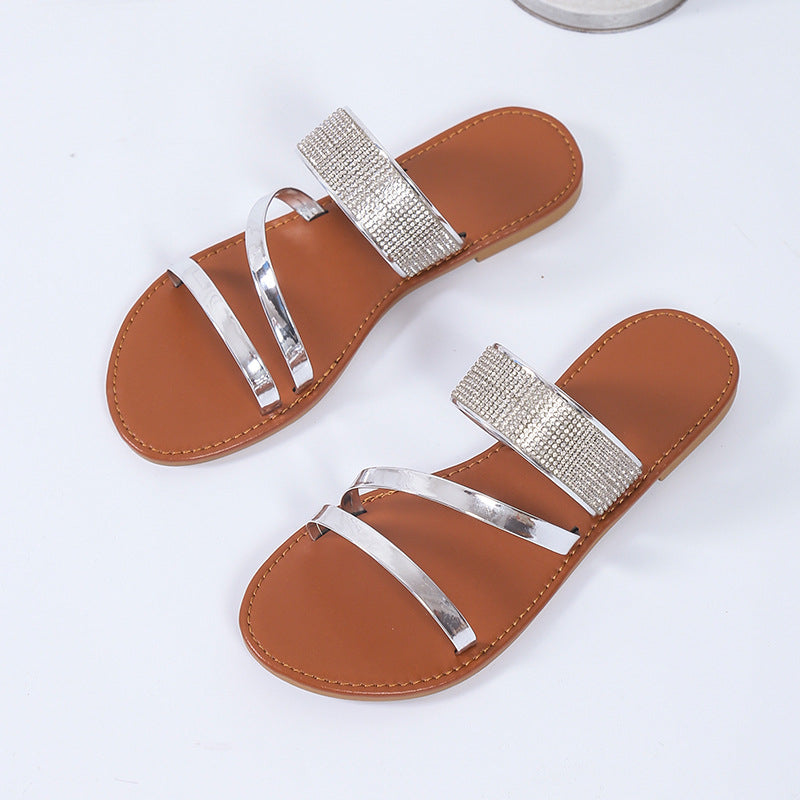 Rhinestone plus size one word fish mouth women's slippers