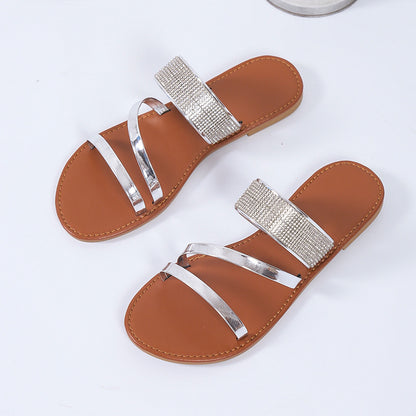 Rhinestone plus size one word fish mouth women's slippers