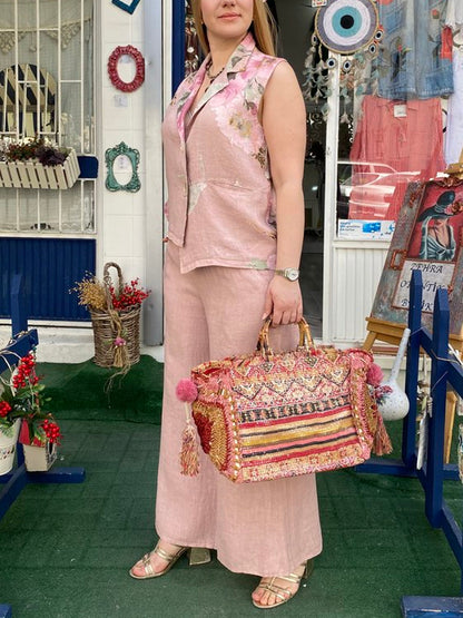 Cotton and Linen Printed Holiday Temperament Women's Suit