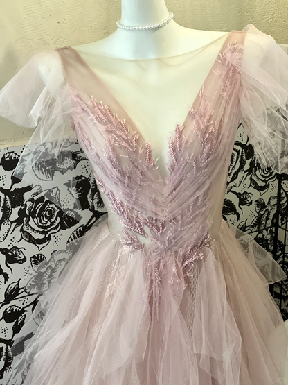 Classic Pink A Line V Neck Beaded Tulle Long Party Dress Prom Dress Formal Dress SH3850