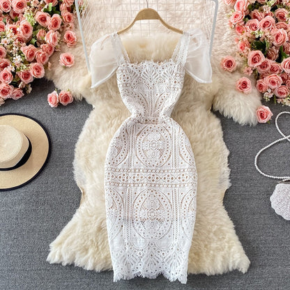 loveedsTM-White Lace Dresses for Women Summer 2024 New Puff Sleeve Square Collar Back Zipper Hollow Out A-Line Evening Midi Dress