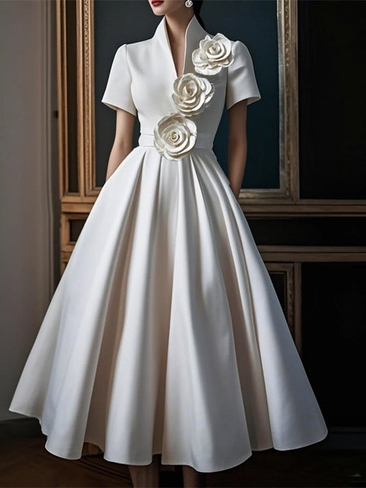 White Stand Collar 3D Floral Midi Dress