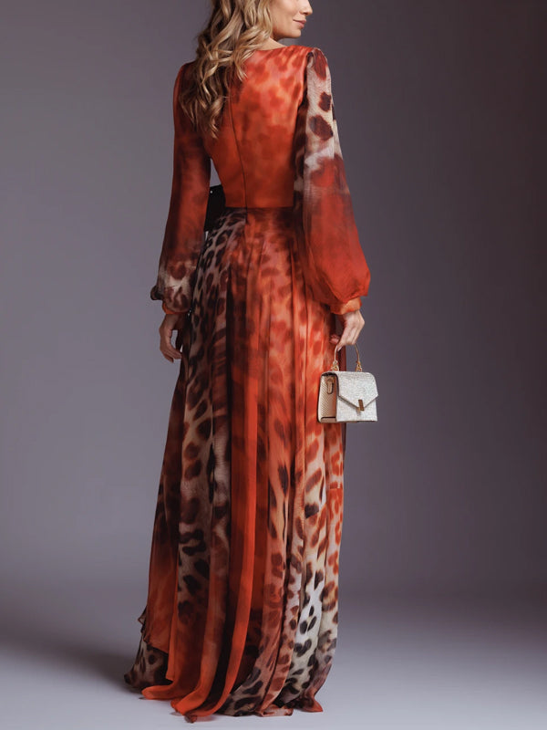 Round Neck Long Sleeves Leopard Print Maxi Dress