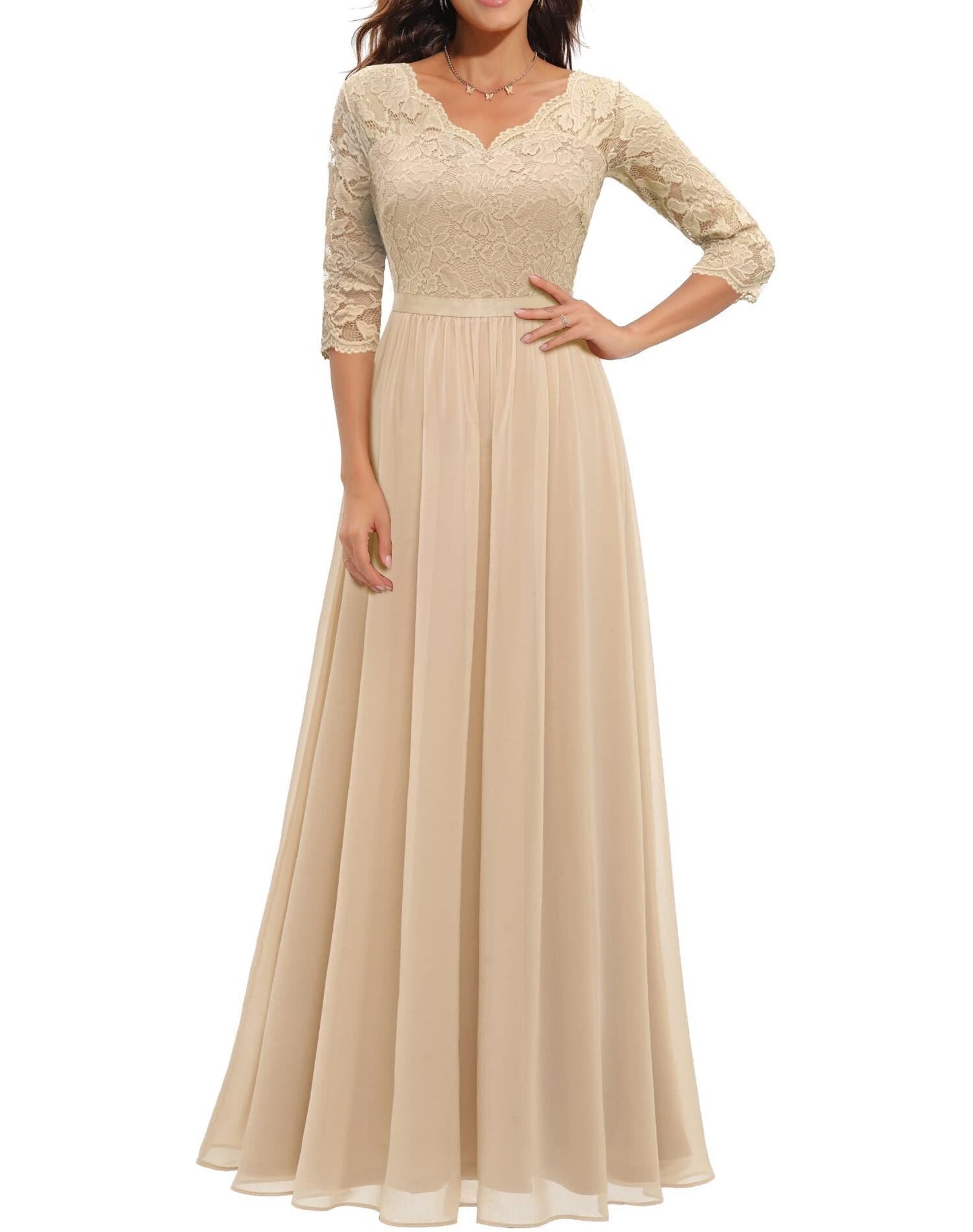loveedsTM- Women&#39;s Elegant Vintage V Neck 3/4 Sleeve Floral Lace Chiffon Wedding Bridesmaid Maxi Dress Long Formal Dresses