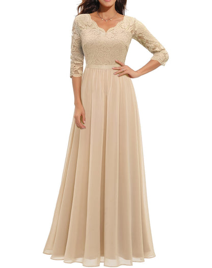 loveedsTM- Women&#39;s Elegant Vintage V Neck 3/4 Sleeve Floral Lace Chiffon Wedding Bridesmaid Maxi Dress Long Formal Dresses