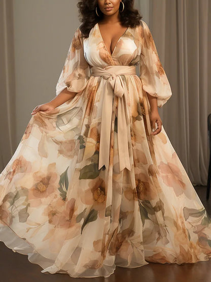 Floral V Neck Lantern Sleeve 3/4 Sleeve See Through Pocket Chiffon Maxi Dresses