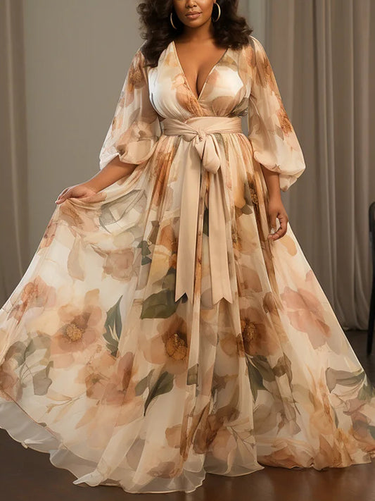 Floral V Neck Lantern Sleeve 3/4 Sleeve See Through Pocket Chiffon Maxi Dresses