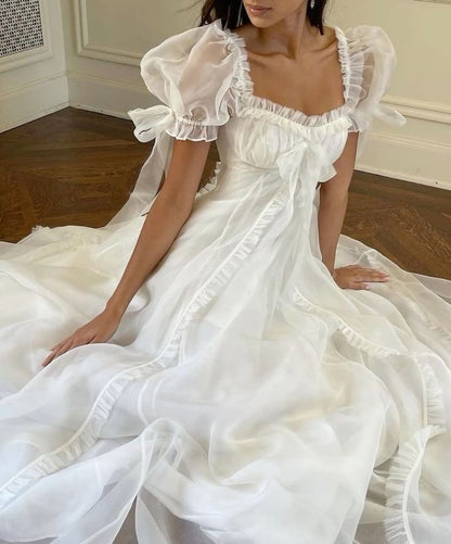 White Cute A Line Puff Organza Long Prom Dress Party Dress Birthday Dress SH3659