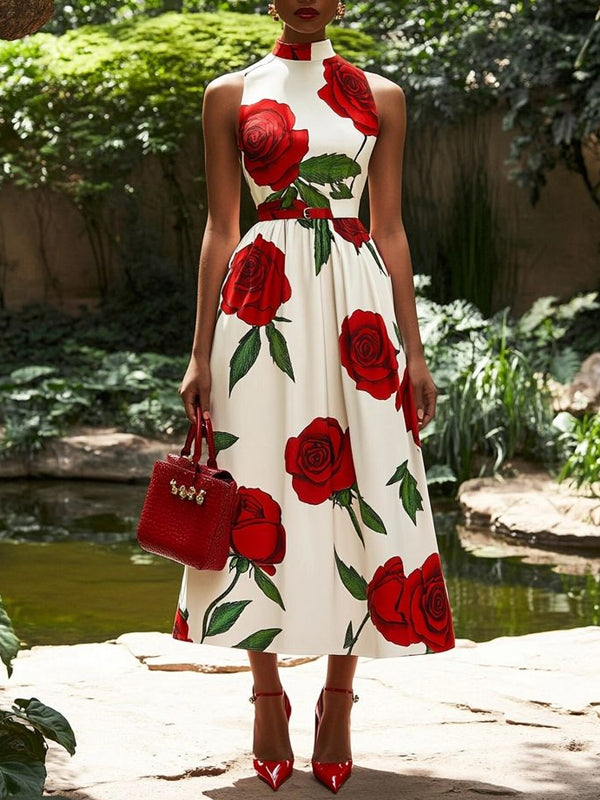 Retro Temperament Red Floral Print Women's Dress