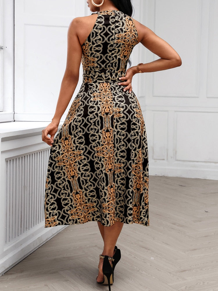 loveedsTM-Women Fashion Clubwear Elegant Sexy Dress Club  Sleeveless Baroque Print Sleeveless Midi Dress