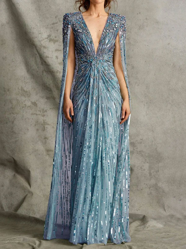Deep V Beading Cape Sleeve Dress