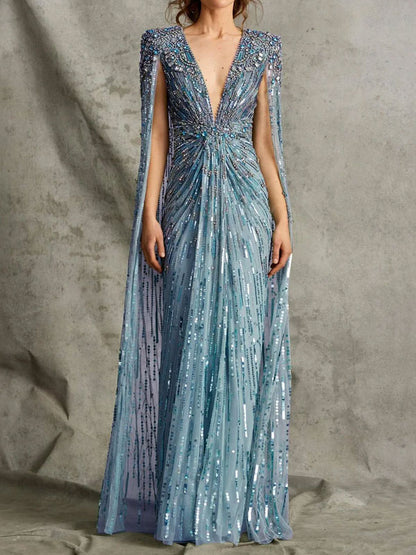 Deep V Beading Cape Sleeve Dress