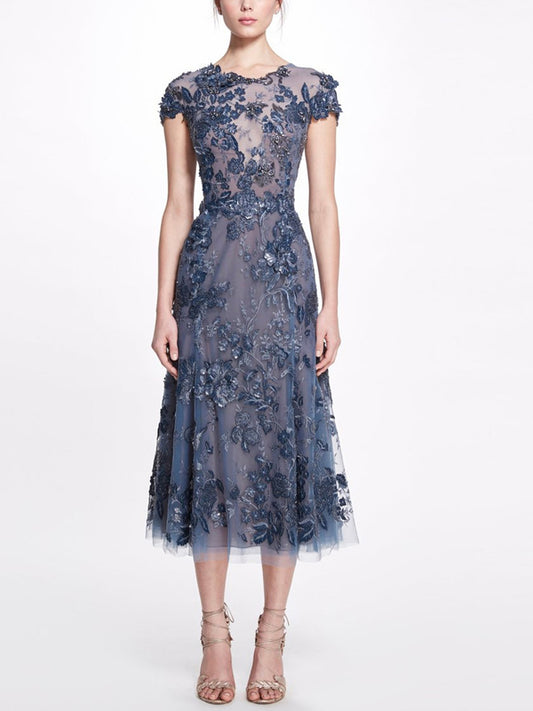 Round Neck Mesh Lace Midi Dress