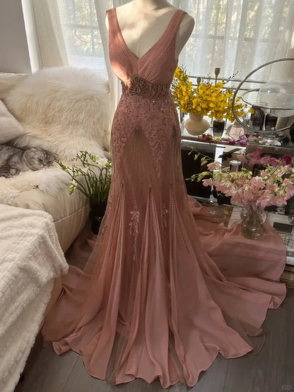 Elegant Mermaid V Neck Beaded Pink Chiffon Party Dress Evening Dress SH2882