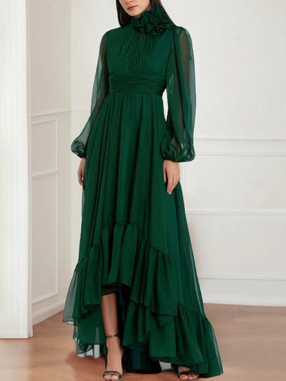 A-Line/Princess Jewel Neck Long Sleeves Asymmetrical Mother of the Bride Dresses with Flower & Ruffles