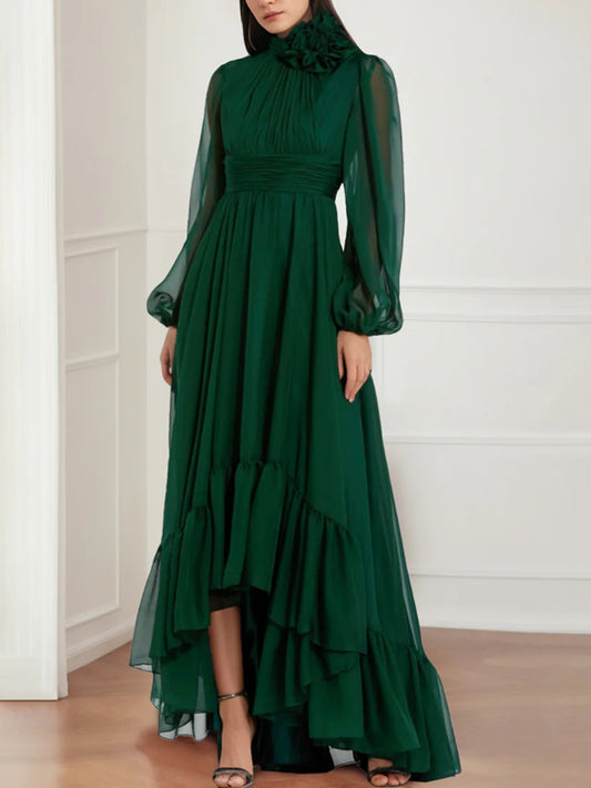 A-Line/Princess Jewel Neck Long Sleeves Asymmetrical Mother of the Bride Dresses with Flower & Ruffles