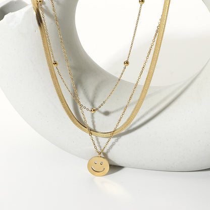 Three Layers Snake Chain Smiley Pendant Necklace