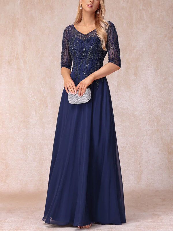 A-Line/Princess V-Neck Half Sleeves Long Formal Evening Dresses With Beading
