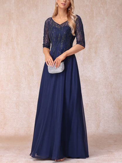 A-Line/Princess V-Neck Half Sleeves Long Formal Evening Dresses With Beading