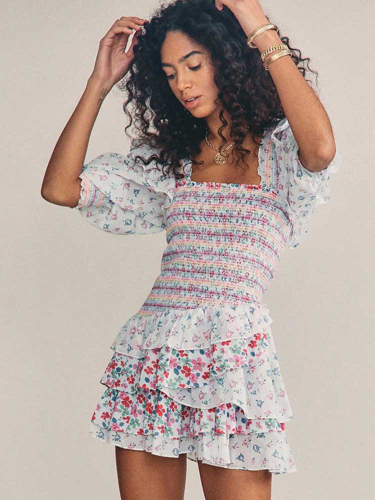 loveedsTM-mixed floral prints ruffled party dress puff sleeve square neck smocked sexy laides dress mini chic summer dress