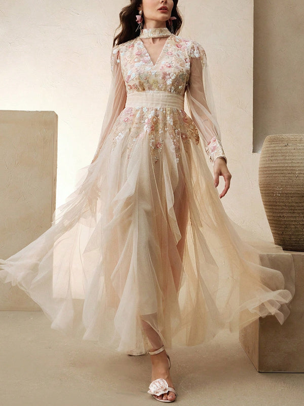 Women's Elegant Colorful Mesh Embroidered Dress