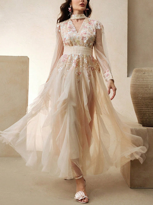 Women's Elegant Colorful Mesh Embroidered Dress