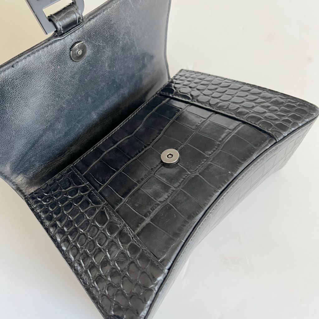 Balenciaga black croc embossed small hourglass bag