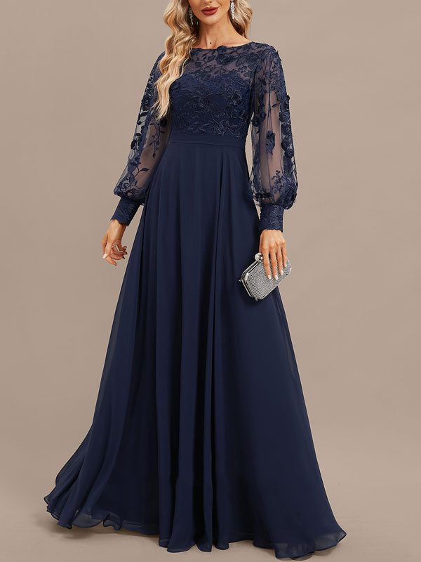 A-line Scoop Illusion Floor-Length Lace Chiffon Evening Dress