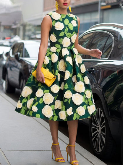 Elegant Floral Printing Crew Neck Midi Dress
