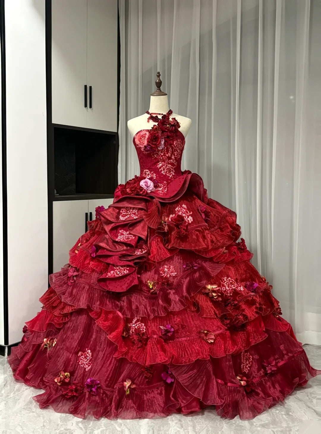Red floral beaded maximalist long tulle ball gown 16th birthday dress Quinceanera Dress gh4738