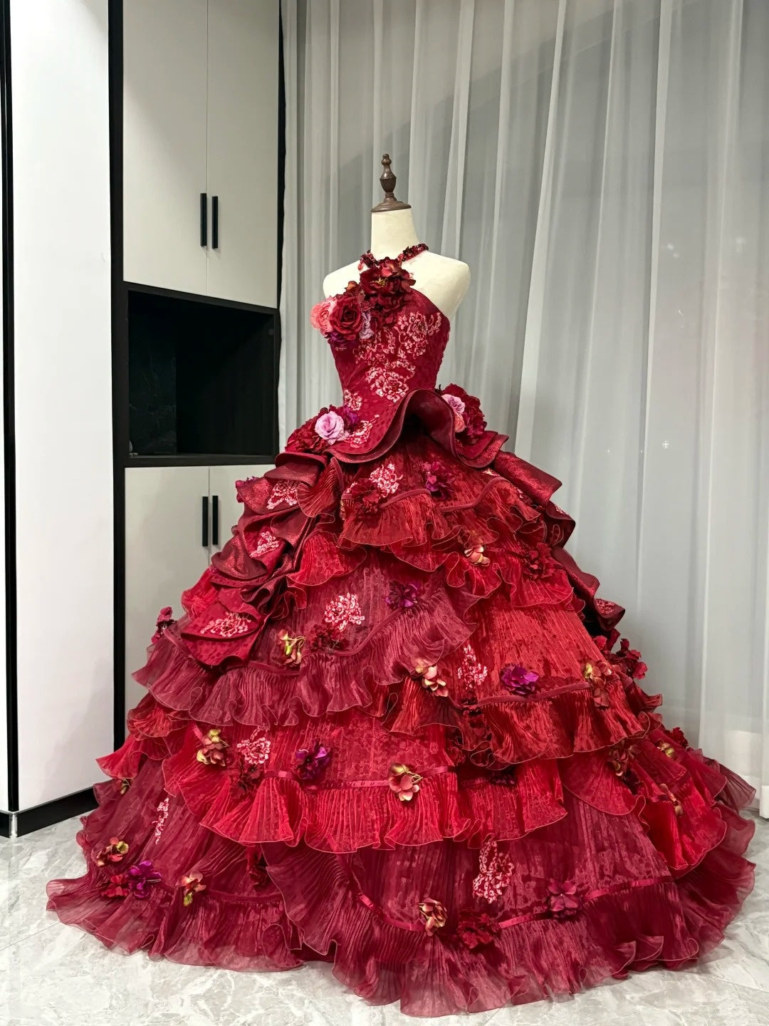 Red floral beaded maximalist long tulle ball gown 16th birthday dress Quinceanera Dress gh4738