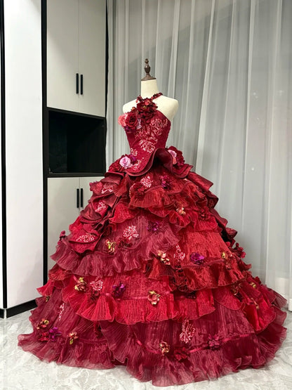 Red floral beaded maximalist long tulle ball gown 16th birthday dress Quinceanera Dress gh4738