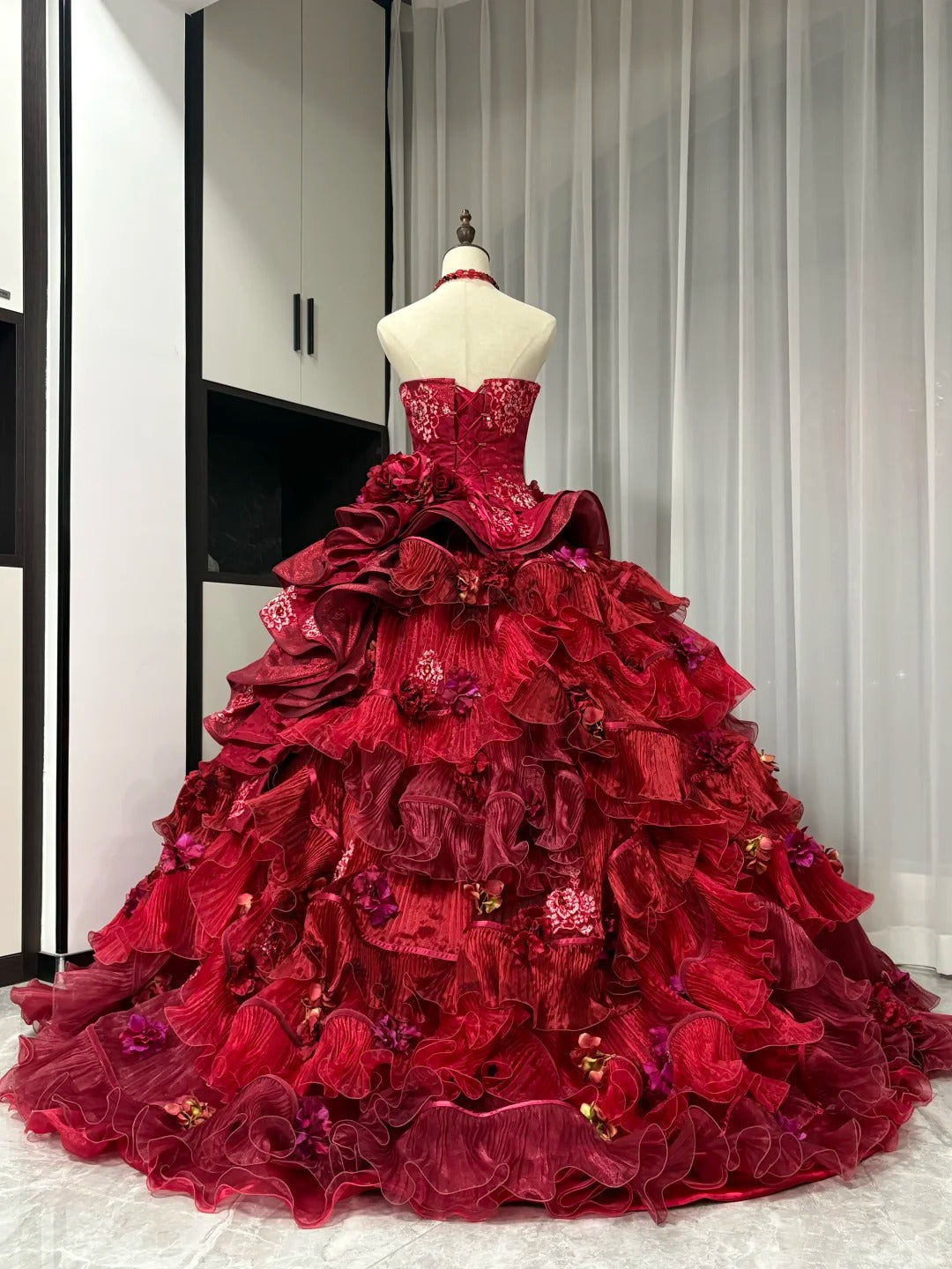 Red floral beaded maximalist long tulle ball gown 16th birthday dress Quinceanera Dress gh4738