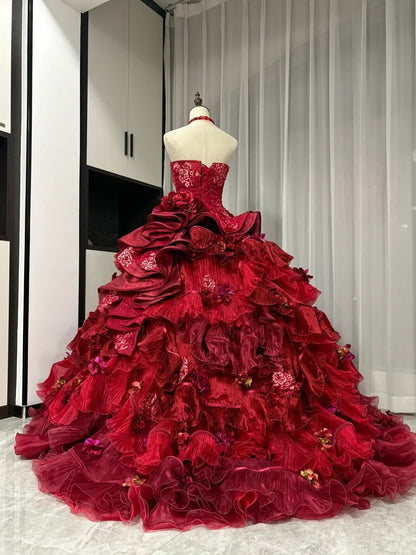 Red floral beaded maximalist long tulle ball gown 16th birthday dress Quinceanera Dress gh4738