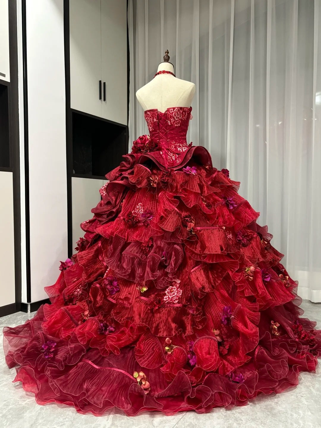 Red floral beaded maximalist long tulle ball gown 16th birthday dress Quinceanera Dress gh4738