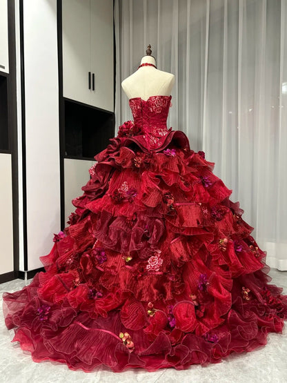 Red floral beaded maximalist long tulle ball gown 16th birthday dress Quinceanera Dress gh4738