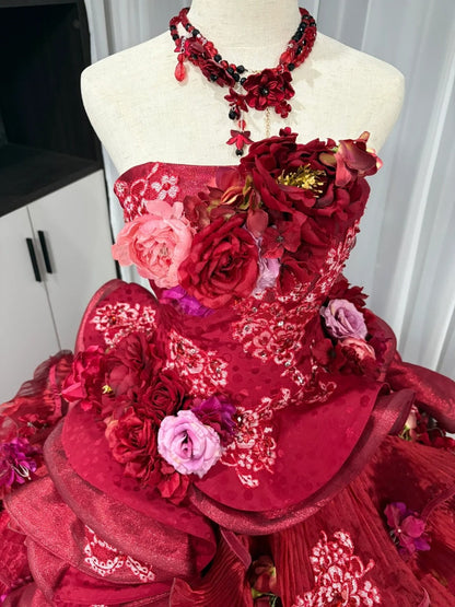 Red floral beaded maximalist long tulle ball gown 16th birthday dress Quinceanera Dress gh4738