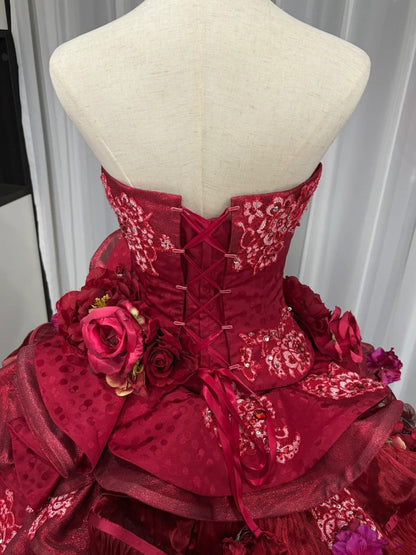 Red floral beaded maximalist long tulle ball gown 16th birthday dress Quinceanera Dress gh4738