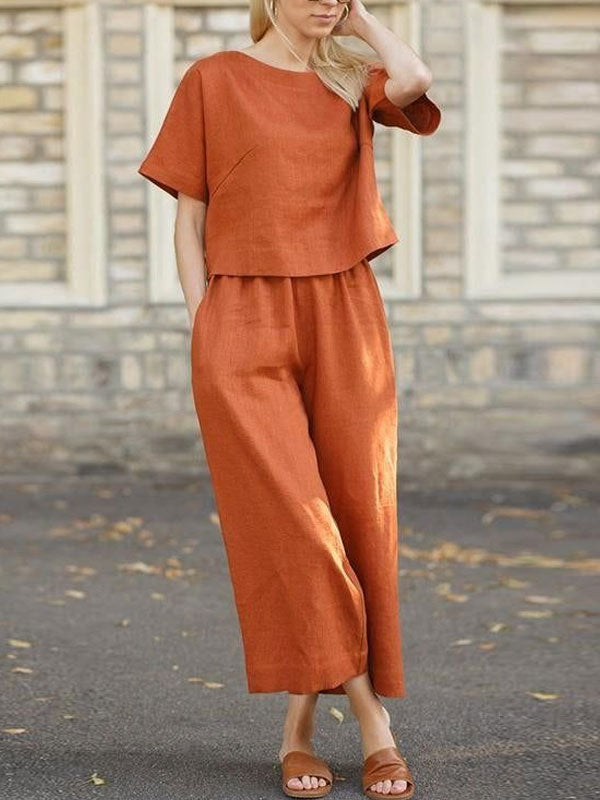 Solid Color Linen Temperament Round Neck Women's Sets