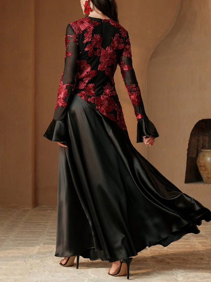 Floral Pattern Mesh Patchwork Elegant Long Sleeve Dress